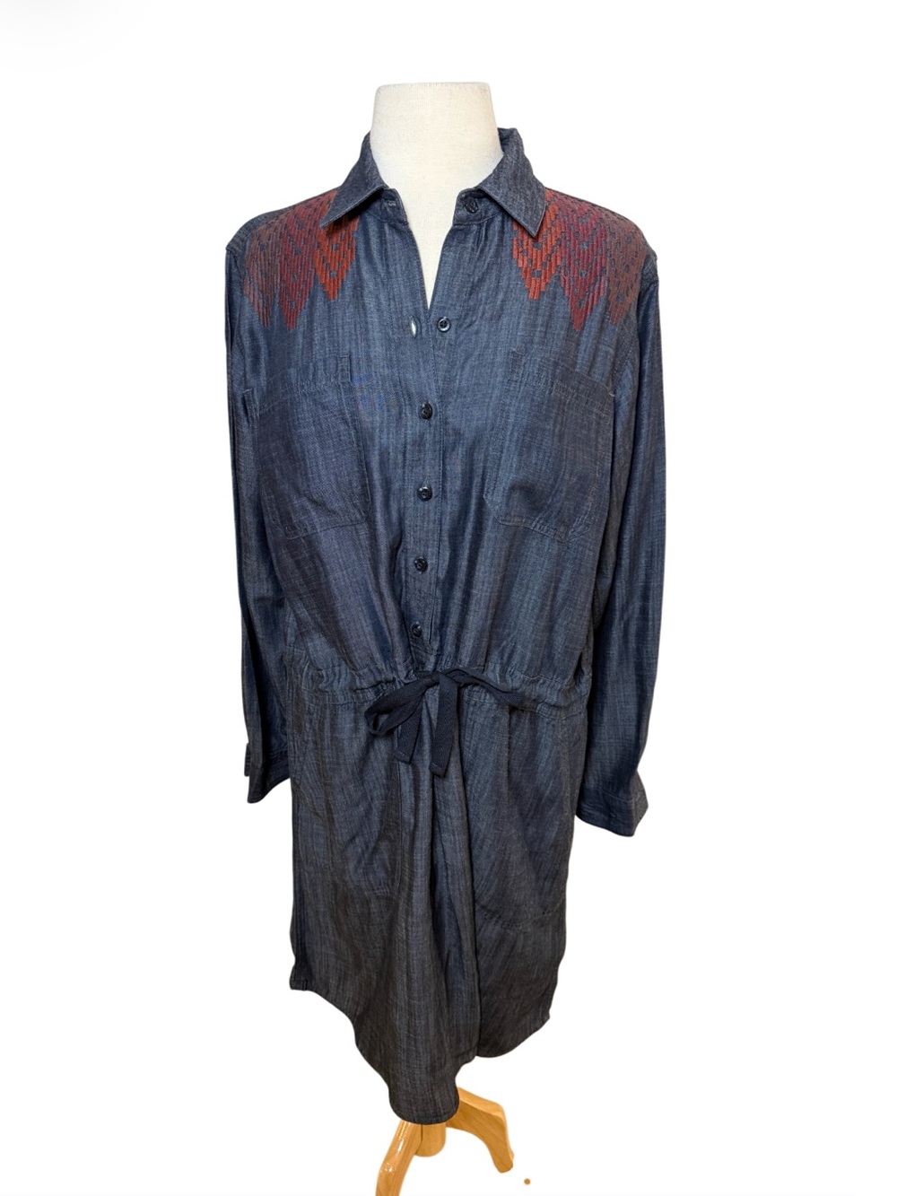 Ariat Drawstring Denim Dress in Dark Blue with Multi Color Stitching-Size Large